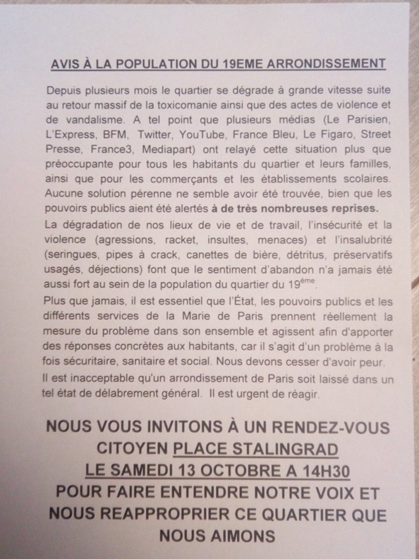 Aimer Paris appelle à se joindre à la manifestation des habitants du 19ème demain 13 octobre à 14 heures 30 place de la bataille de Stalingrad !
